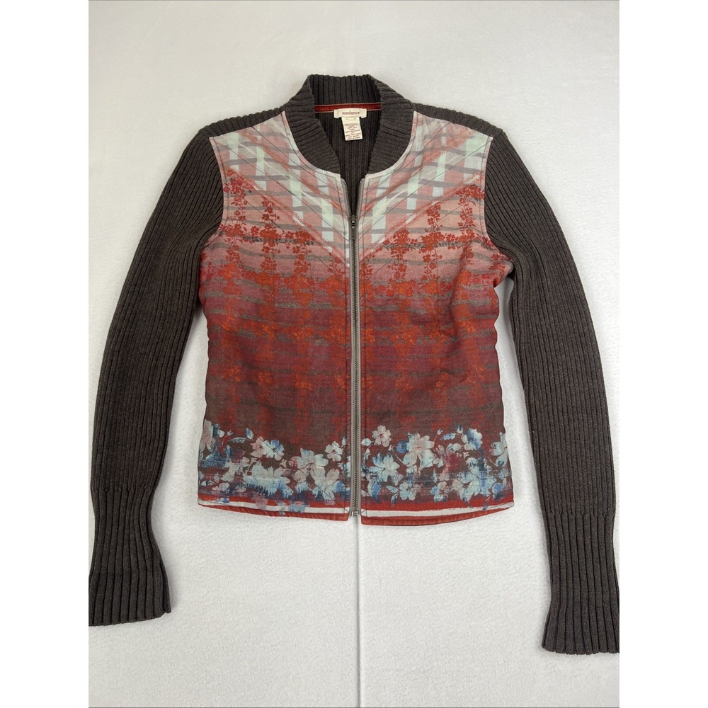 Sundance Southwestern Floral Silk Bomber Jacket Sweater Brown Small